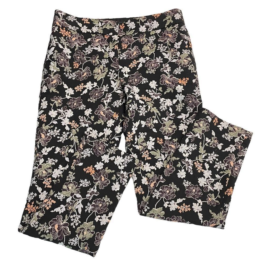 LOFT Marisa‎ Black Floral Embroidered Straight Crop Dress Trouser Pants size 4